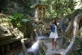 waterfall in surreal architecture, fantastic landscape, beautiful old castle, beautiful structures, jungle and waterfalls in the