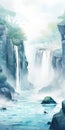 Serene Waterfall: A Dreamlike Illustration In Hazy Anime Style