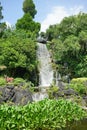 Waterfall and toy brick deer sculptures