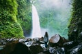 Waterfall in tropical jungle and alone woman. Waterfall in Bali Royalty Free Stock Photo