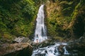 Waterfall in tropical jungle and alone woman. Waterfall in Bali Royalty Free Stock Photo