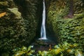 Waterfall in tropical jungle and alone woman in bikini. Leke Leke waterfall in Bali Royalty Free Stock Photo