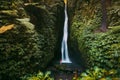 Waterfall in tropical jungle and alone woman in bikini. Leke Leke waterfall in Bali Royalty Free Stock Photo