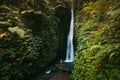 Waterfall in tropical jungle and alone woman in bikini. Leke Leke waterfall in Bali Royalty Free Stock Photo