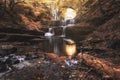 Waterfall under stone bridge in Rhodope mountain near Sitovo village, Plovdiv region, Bulgaria, Euro Royalty Free Stock Photo