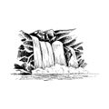 Waterfall vector sketch, cascade waterfall in the rocks hand-drawn vector illustration, landscape with a waterfall