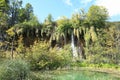 Waterfall Veliki Prstavac behind turquoise lake on Plitvicka Jezera in Croatia