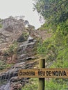 Waterfall Veu de Noiva sign in Serra dos OrgÃÂ£os state Park, Terezopolis Petropolis, Rio de Janeiro Brazil