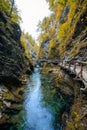 Waterfall at the Vintgar gorge, beauty of nature, with river Radovna flowing through, near Bled, Slovenia