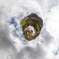 Waterfall water of a mountain lake under a blue sky in the clouds. sand beach. Tiny little planet 360 Royalty Free Stock Photo