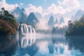 a waterfall is on the water with mountains reflected in it Royalty Free Stock Photo