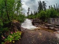 Waterfall in a wet forest with a bush of flowers. Cascades of a Royalty Free Stock Photo