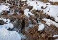 Waterfall in winter. Mountain river and snow on the mountain slopes