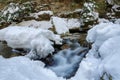 Waterfall in winter. Mountain river and snow on the mountain slopes