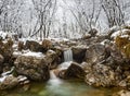 Waterfall in a woodland of the italian alps in winter season Royalty Free Stock Photo