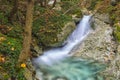 Waterfall in the woods in Autumn with foliage colors, Monte Cucco NP, Appennines, Umbria, Italy Royalty Free Stock Photo