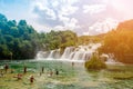 Waterfalls of Croatia.Tourists swimming near waterfalls in crystal clear water. Tourist spot in Dalmatia Krka National Park, place