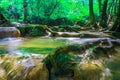 Waterfalls and fish swim in the emerald blue water in Erawan National Park. Erawan Waterfall is a beautiful natural rock waterfall Royalty Free Stock Photo