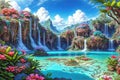 Waterfalls and flowers, beautiful landscape, magical and idyllic background with many flowers in Eden