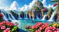 Waterfalls and flowers, beautiful landscape, magical and idyllic background with many flowers in Eden