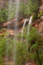 The waterfalls at the lower Emerald pool in Zion national park after a night of heavy rain Royalty Free Stock Photo