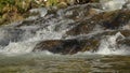 Waterfalls on mountain river slow motion view, clearness and freshness of nature. Winter sunny day.