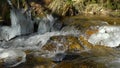 Waterfalls on mountain river slow motion view, clearness and freshness of nature. Winter sunny day.