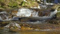 Waterfalls on mountain river slow motion view, clearness and freshness of nature. Winter sunny day.