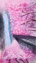 Waterfalls and pink cherry blossom with watercolor painting