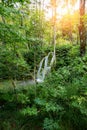 Waterfalls reflected in the lake. The magnificent landscape of the waterfall and lake. Majestic view of the Plitvice