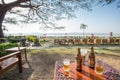 Waterfont hotel garden along Irrawaddy river in Bagan, Myanmar Royalty Free Stock Photo