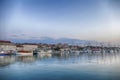 Waterfront and anchored boats in harbor