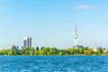 Waterfront of the aussenalster lake in Hamburg dominated by heinrich herz tower, Germany