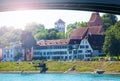 Waterfront view of Basel under bridge across Rhine