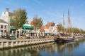 Waterfront cafe on Noorderhaven quay in old town of Harlingen, N