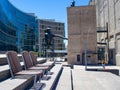 Creative view of outdoor chairs resting on the steps of the Silo District.