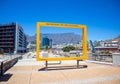 Large yellow Table Mountain frame standing in the Silo District in Cape Town.