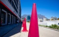 Tall and pink construction cones standing in the Silo District in Cape Town.