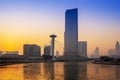 View of waterfront downtown skyline with Tianjin high-rise building cityscape at Haihe riverside, Tianjin city, China