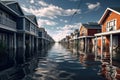 Waterfront homes in a row on the water during a flood. 3d rendering. flooding houses, AI Generated