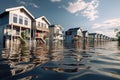 Waterfront homes in a row on the water with reflection of sky, 3D rendering of flooding houses, AI Generated