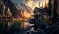 Waterfront house with beautiful mountains and sunlight shining.