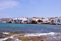 Waterfront houses on famous Mykonos beach, greece Royalty Free Stock Photo