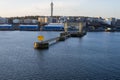 Waterfront with industrial warehouses