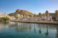 Waterfront and marina of the seaside city with Mount Benacantil, and the Castle of Santa Barbara, Alicante, Spain Royalty Free Stock Photo