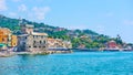 Waterfront with medieval Rapallo Castle Royalty Free Stock Photo