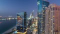 Waterfront overview Jumeirah Beach Residence JBR skyline aerial day to night timelapse with yacht and boats