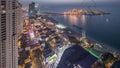 Waterfront overview Jumeirah Beach Residence JBR skyline aerial day to night timelapse with yacht and boats