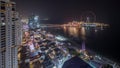 Waterfront overview Jumeirah Beach Residence JBR skyline aerial night timelapse