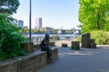 Waterfront Park with Hawthorne Bridge on the Willamette River in downtown Portland, Oregon Royalty Free Stock Photo